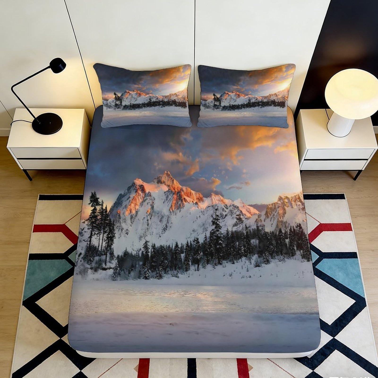 3D Printed Mountain Sunset Fitted Sheet Microfiber Soft Durable Snow Landscape Bed Cover for Bedroom Dormitory Guest Room Mattress Protection 180x200x25cm