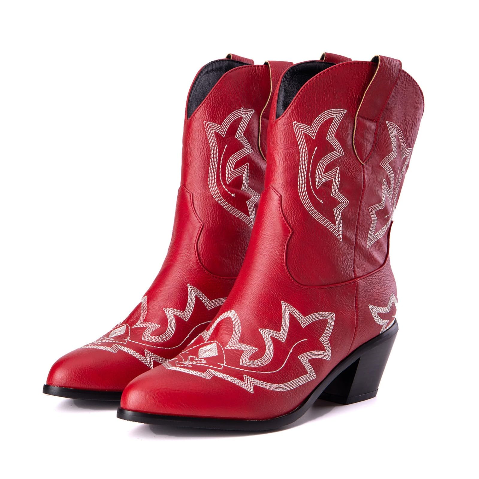 Stivali da donna a metà polpaccio da cowboy western, classici vintage, ricamati, tacco a blocco, in pelle PU, stivali da donna in stile country equitazione western scarpe da sposa, Rosso, 41 EU