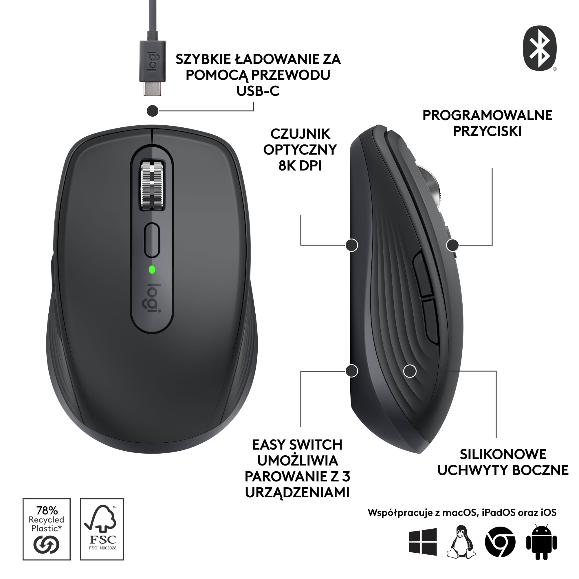 Logitech MX Anywhere 3S Kompaktowa Bezprzewodowa Myszka + Flip Folio, etui klawiaturą do iPada Pro (M4) i iPada Air 11 cali(M2 i M3)(5. gen — 2024 r.)chowane etui ochronne z Bluetooth,QWERTY US INT'L