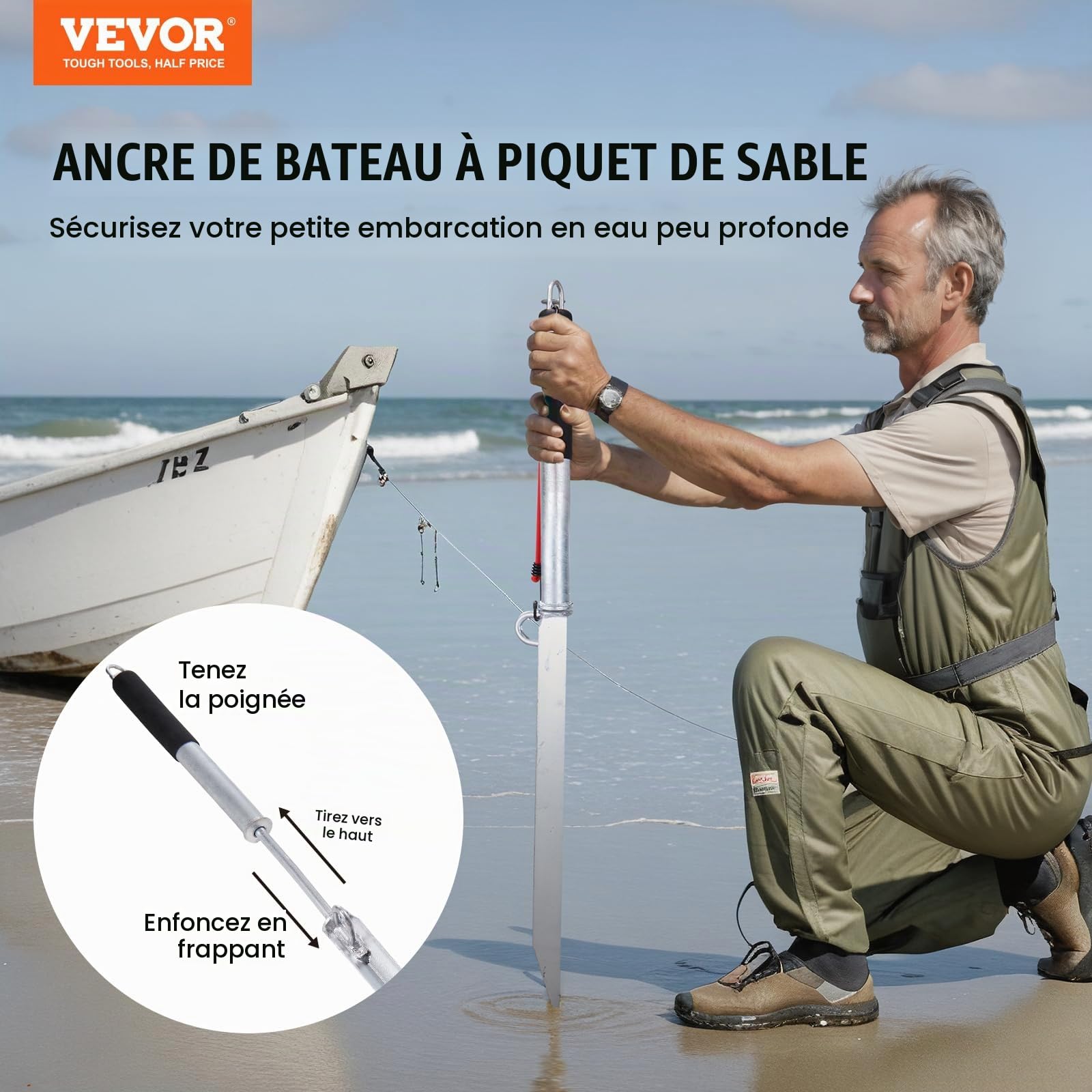 VEVOR Ancre de bateau à piquet de sable, 91,4 cm, en acier au carbone galvanisé, crochet d'ancrage pour bateau, ponton, kayak, avec sac de rangement Oxford