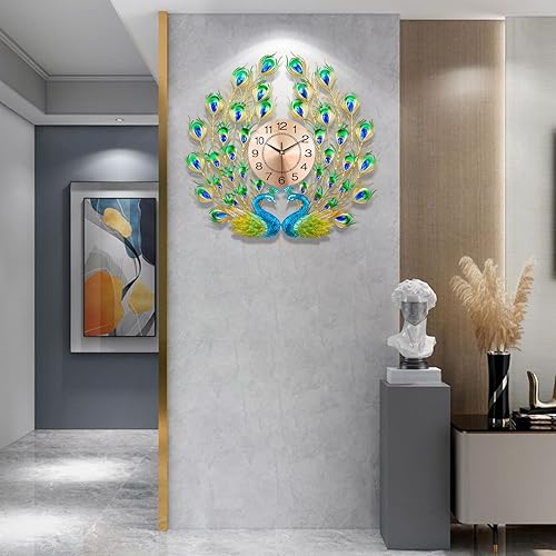 Miniatura 4 de Reloj de pared grande de pavo real silencioso sin tictac, reloj de pavo real creativo 3D de lujo de mediados de siglo, relojes de pared de pavo real