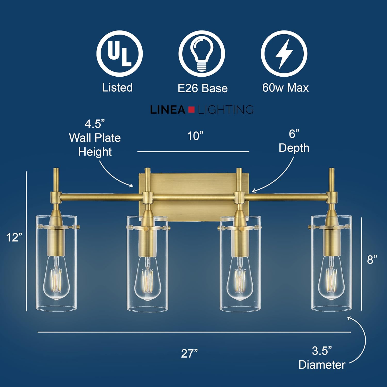 Linea di Liara Effimero Modern Farmhouse Bathroom Vanity Lights Fixtures 4 Lights Over Mirror Gold Vanity Lights for Bathroom Light Fixtures Industrial Lighting Clear Glass Covers, UL Listed