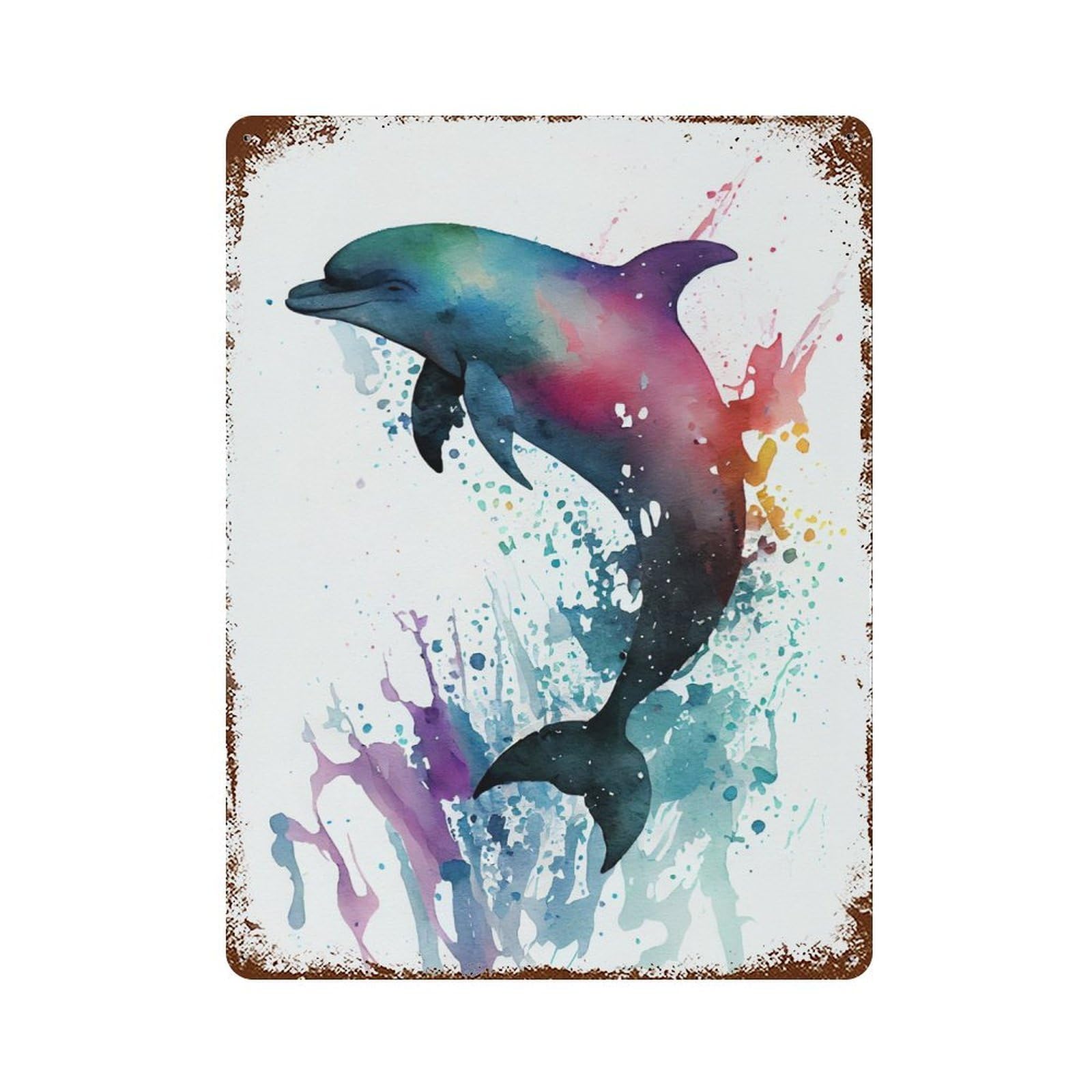 Weathered Tin Sign with Dolphin Watercolor Design 15.7"x11.8", for Garage, Bar And Workshop Decor, Decorative Metal Wall Art