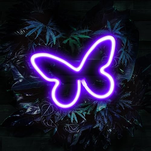 Vista 19 de Letrero de neón de mariposa, letreros de neón para decoración de pared, luz LED de neón USB o pilas, decoración de pared LED púrpura para niñas