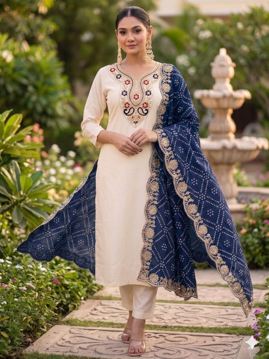 Ethnic Kurta Set with Heavy Bandhani Embroidered Dupatta Festive & Occasion Ensemble for Women-image-45
