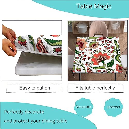 Vista 3 de Mantel cuadrado de poliéster bohemio, con borde elástico, diseño de flores de arte rojo, lavable, a prueba de aceite, mantel de tela para fiesta