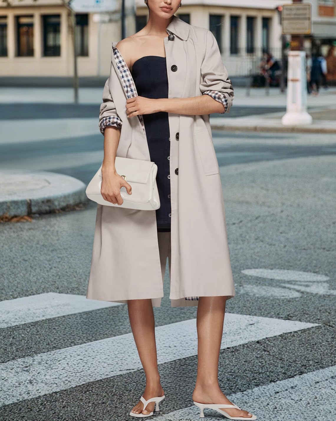 Womens Long Trench Coat Single Breasted Lapel Plaid Lined Oversized Windproof Fashion Autumn Winter Outerwear - Image 6