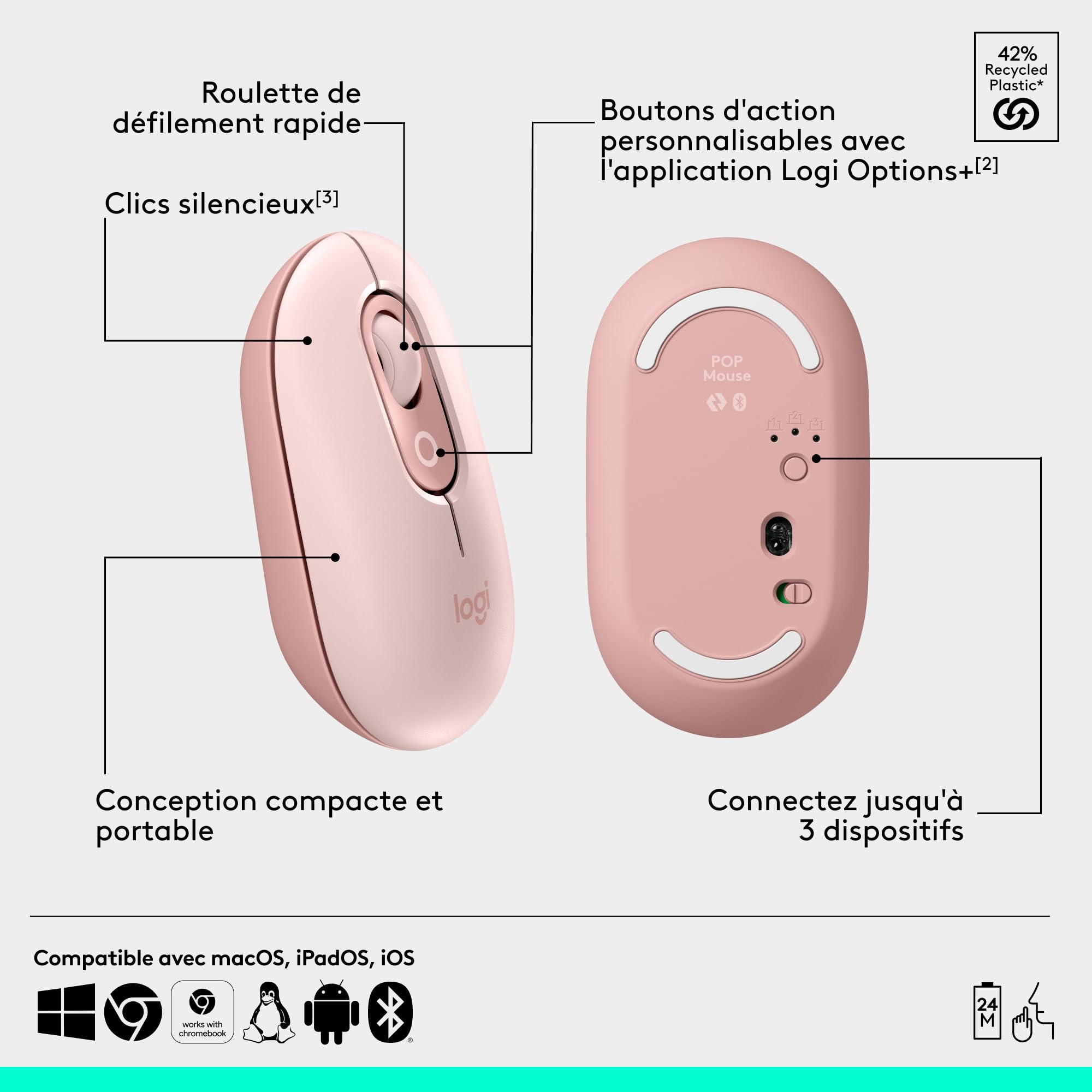 Logitech POP Mouse, souris Bluetooth sans fil compacte et portable avec boutons programmables et clics discrets, Easy-Switch entre 3 dispositifs, ordinateur portable, tablette, PC - Rose