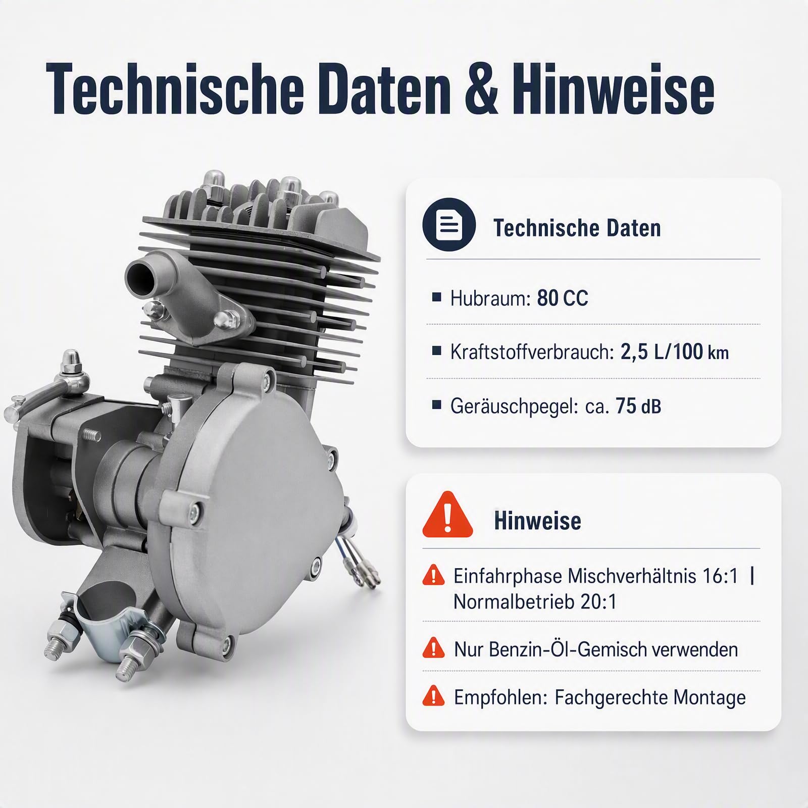 80cc，2-Takt Fahrrad Benzinmotor Kit，EinzylinderCDI Zündung, luftgekühlter Hilfsmotor mit 2L Tank, Aluminium Motorkörper, für 26/28 Zoll V-Rahmen Fahrräder, max 40km/h