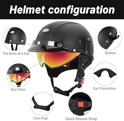 Miniatura 5 de Medio casco de motocicleta para hombres y mujeres adultos, casco de motocicleta de cara abierta con visera retráctil para el sol, certificado DOT