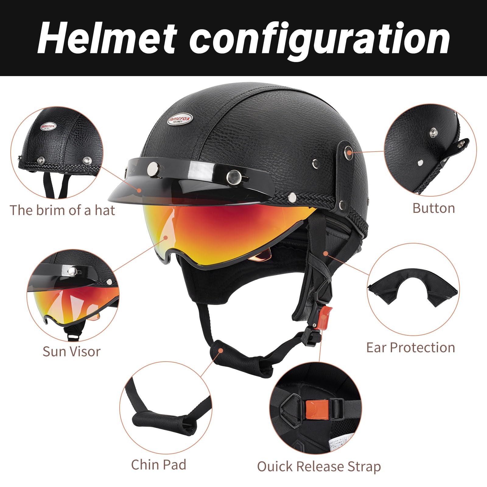 QUICKOOL Half Helmet Motorcycle Men Women Adult Open Face Motorcycle Helmets with Sun Retractable Visor DOT Certified (Black-Colorful Visor,M) : Automotive