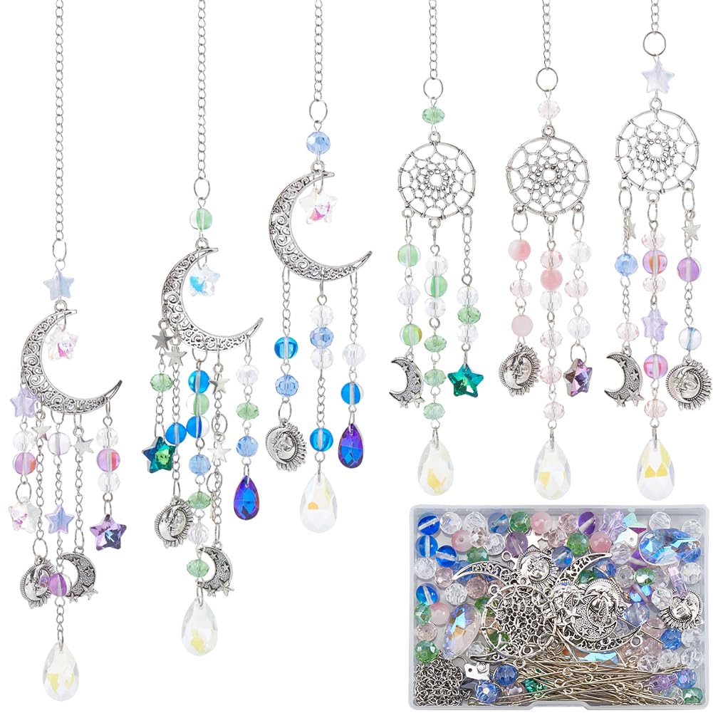 SUNNYCLUE 1 Box DIY 6 Sets Suncatcher Making Kit Car Charm Ornament Moon Sun Catchers Glass Hanging Charms Hanging Cars Charm Star Teardrop Beads Ornament for Women Window Home Decorations