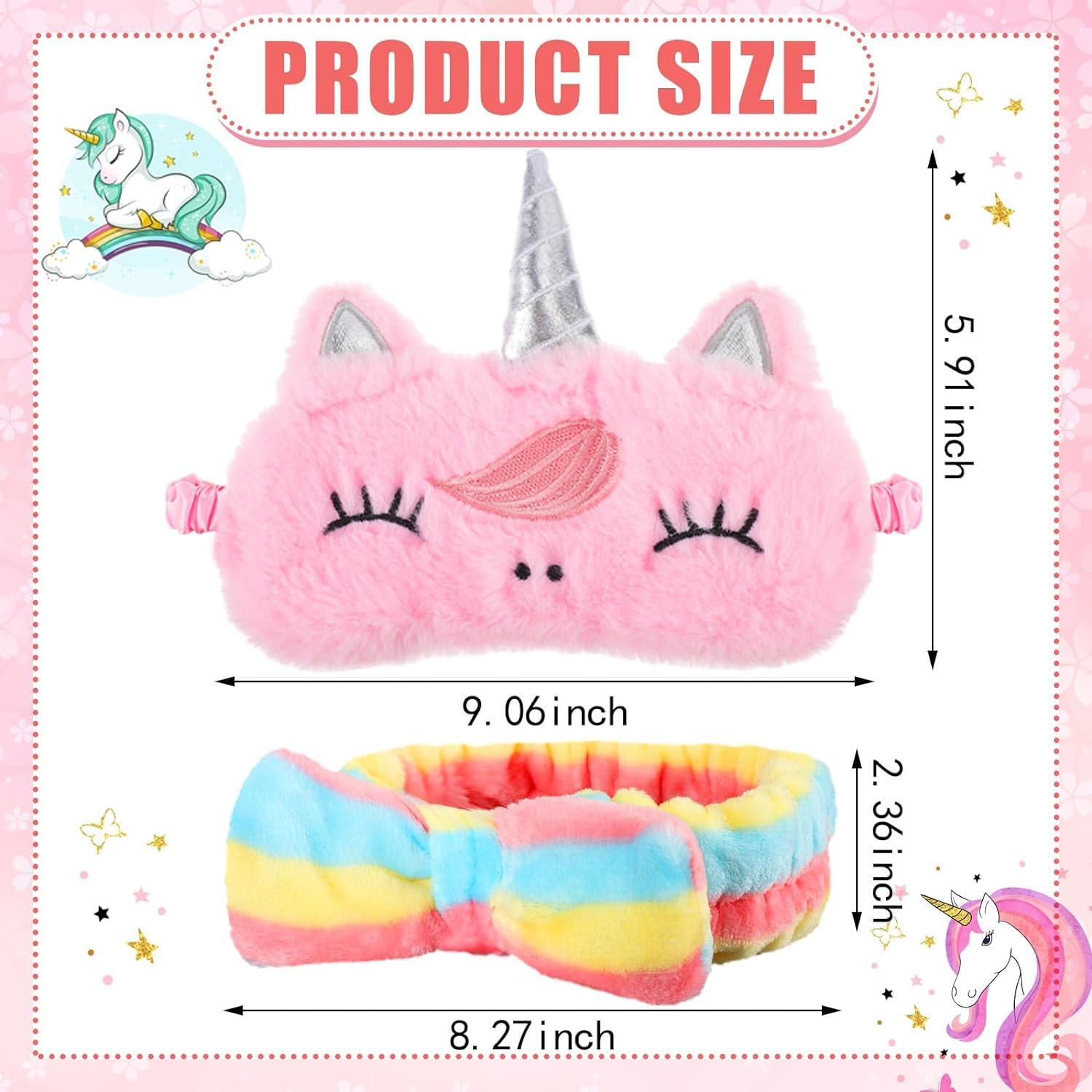 24 Stück Sleepover Stuff enthalten 12 Einhorn-Augenmasken und 12 Haar-Stirnbänder mit Fliege zum Waschen des Gesichts, Schlafmaske, elastische Hautpflege-Stirnbänder, Übernachtungs-Partygeschenke für