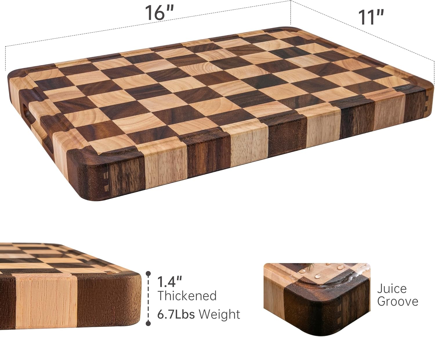 Cutting Boards for Kitchen, Large Acacia Wood Chopping Board, Thick Checkered Cutting Board with Juice Grooves & Handles, Charcuterie Board Butcher Block with Gift Box, 16" x 11" x 1.4"