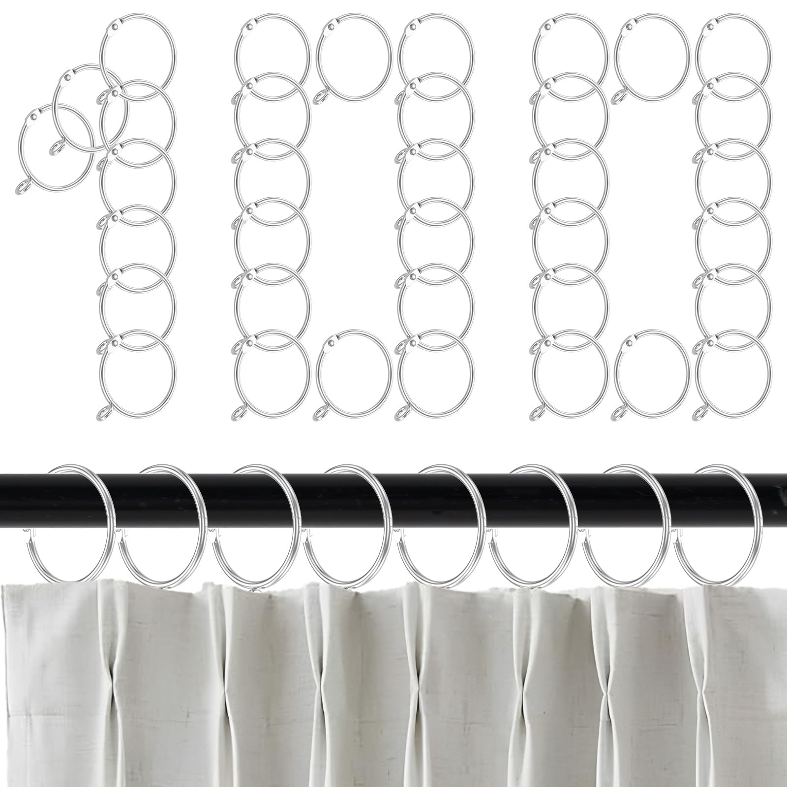 100 Pack Metal Curtain Rings, 38mm Smooth Glider Curtain Pole Hanging Ring with Eyelet, Curtains Hanging Clip for Pole Rod, 35mm Diameter
