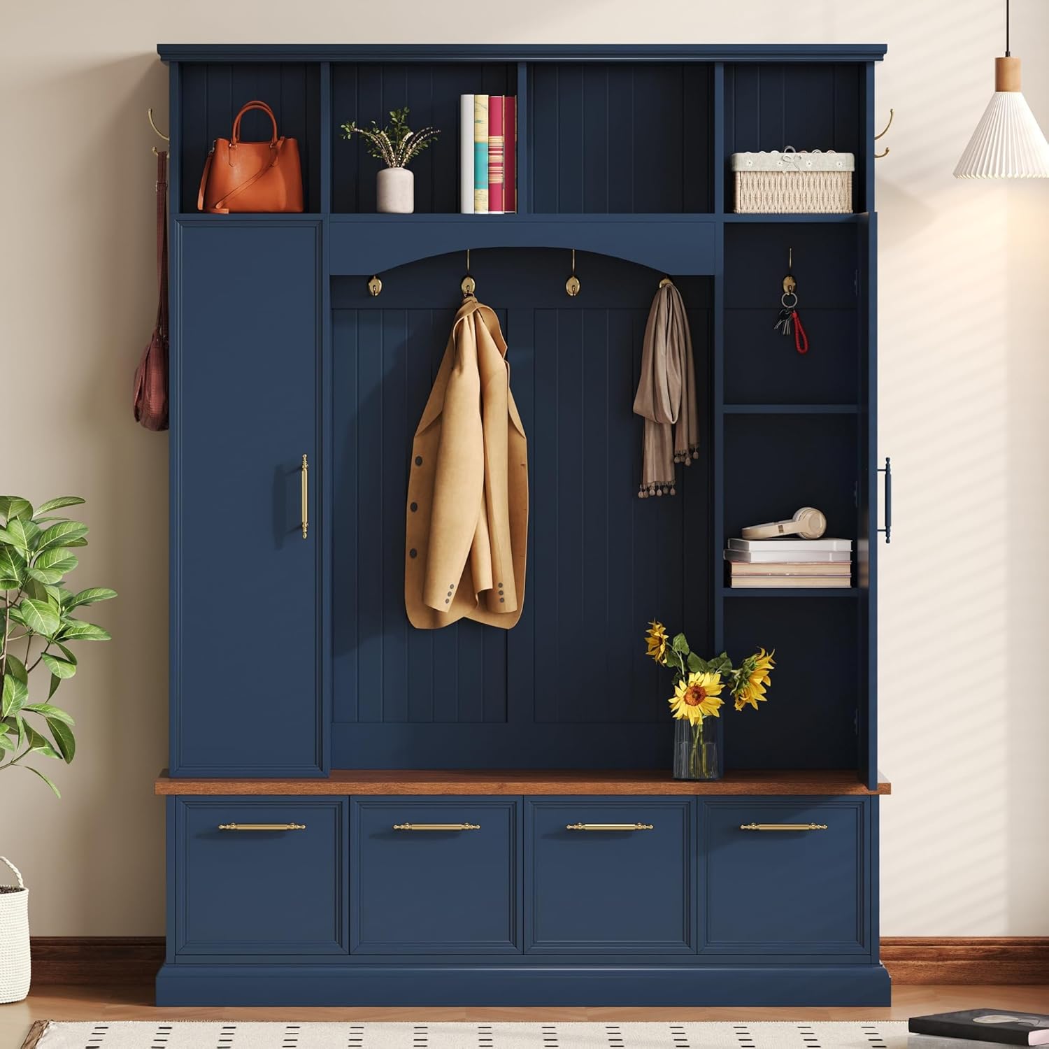 Merax 59" W Hall Tree with Golden Hooks & Handles, Practical Entryway Walnut Bench with Adjustable Shelves, 76.7" H Farmhouse Wooden Style Coat & Shoe Rack for Mudroom, Living Room, Blue