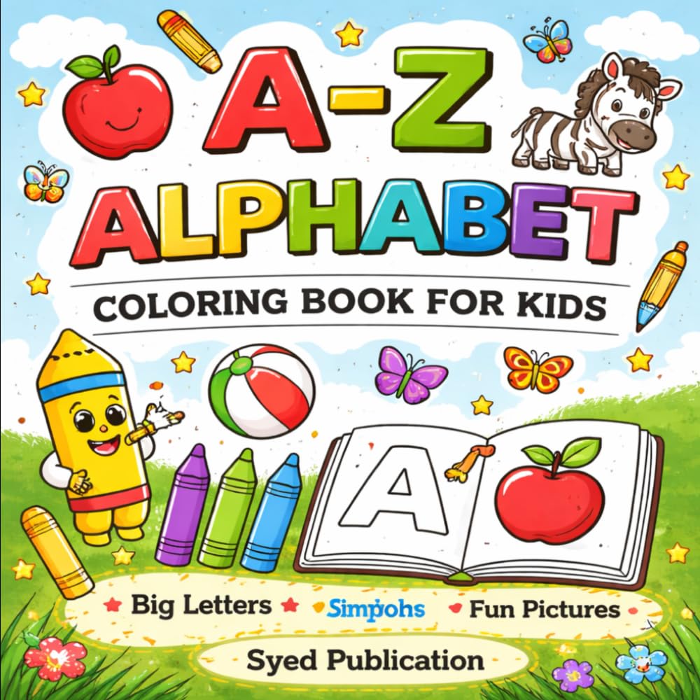 A–Z Alphabet Coloring Book for Kids | Big Letters, Simple Words & Cute Pictures to Build Early Learning Skills | Ages 3–6