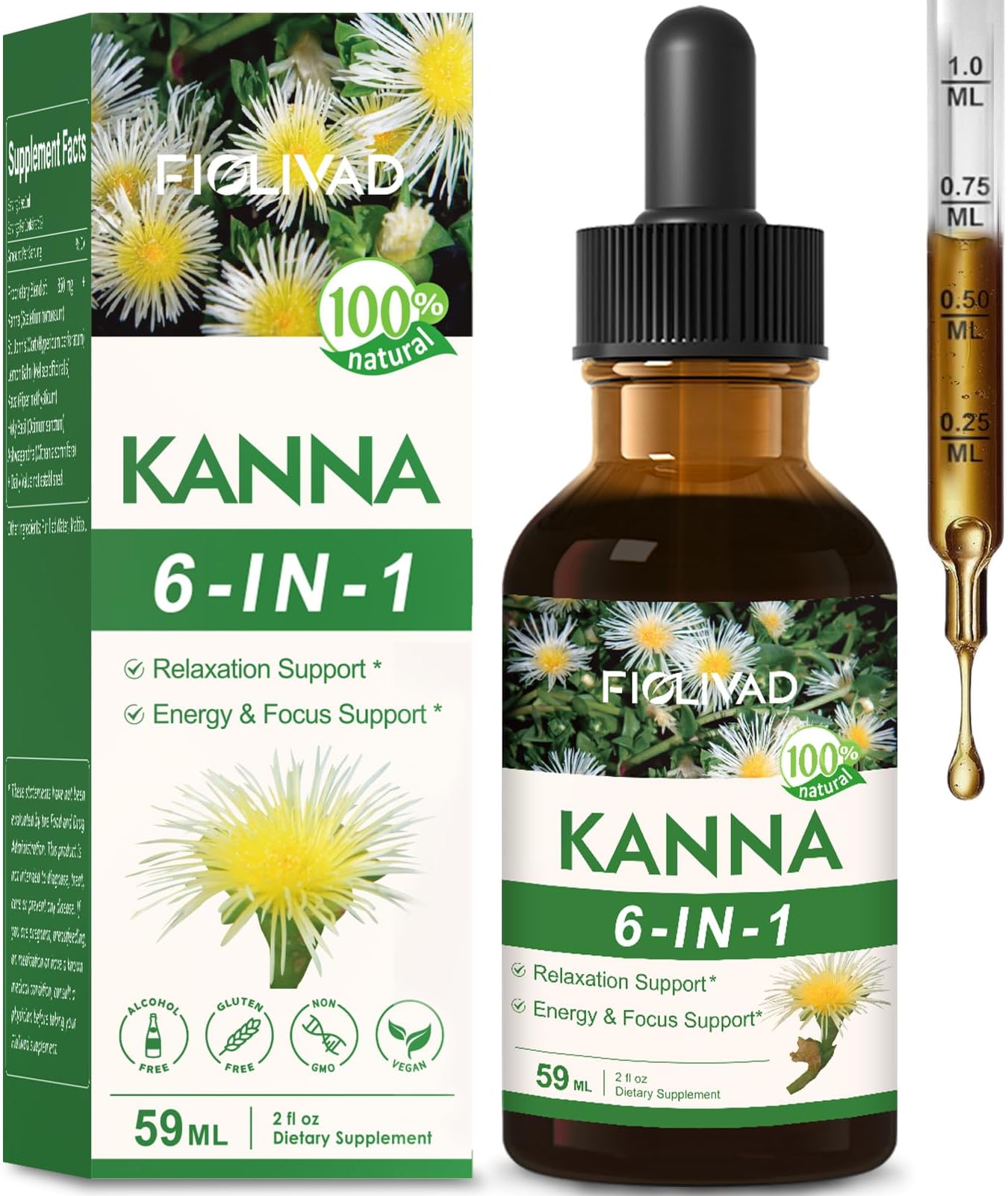 Kanna Extract Liquid Drops for Relaxation & Energy Support, 2oz | Sceletium tortuosum, 6-in-1 Kanna Tincture for Focus Support, Herbal Supplements with Lemon Balm Holy Basil Ashwagandha
