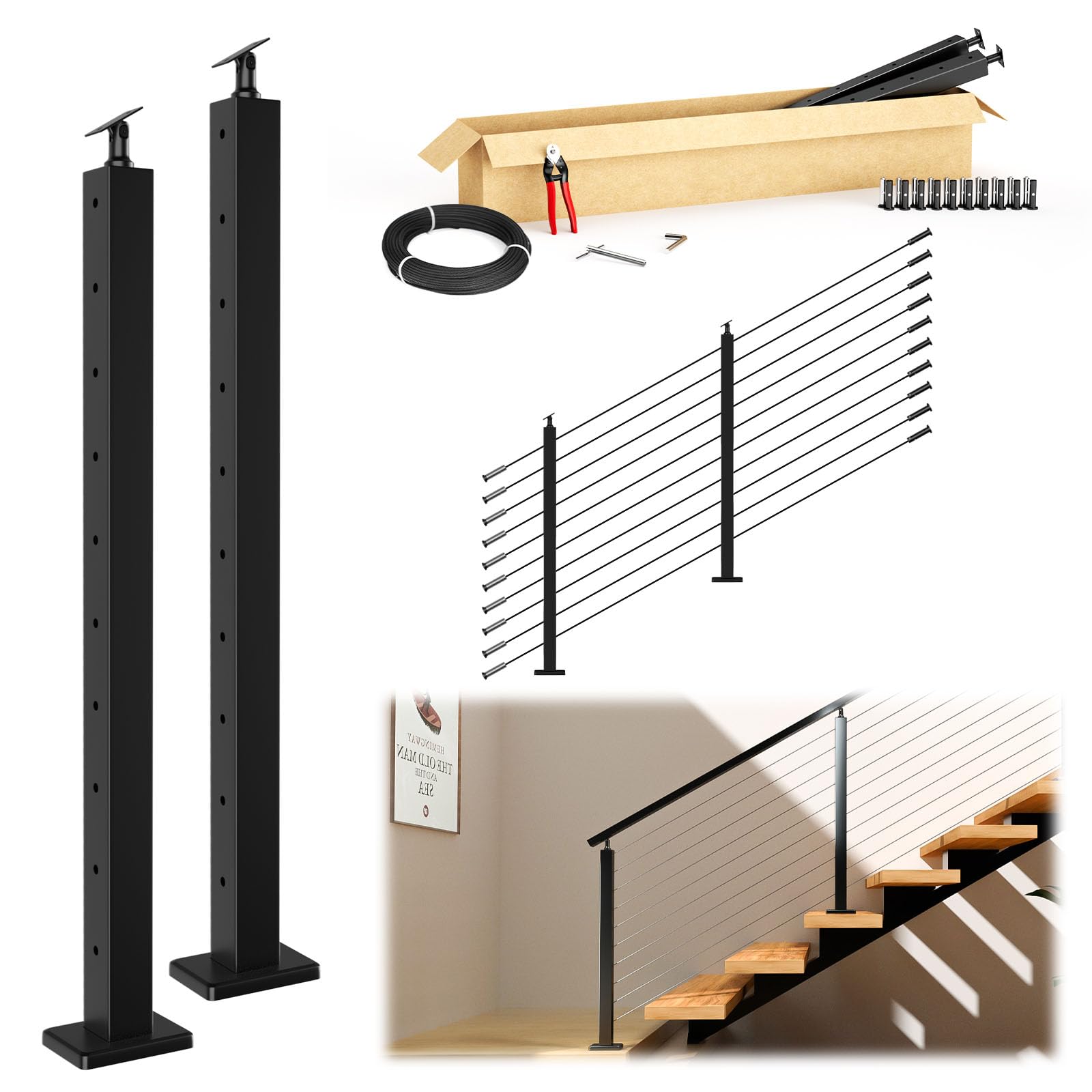 Muzata 5-10FT Modular Black Cable Railing Kit 36 Inch 2 Stair Post Kit Complete Set Cable Railing System for Stairs Length Adjustable Easy DIY with Paper User Guide (No Handrail) RWS1 BA4S