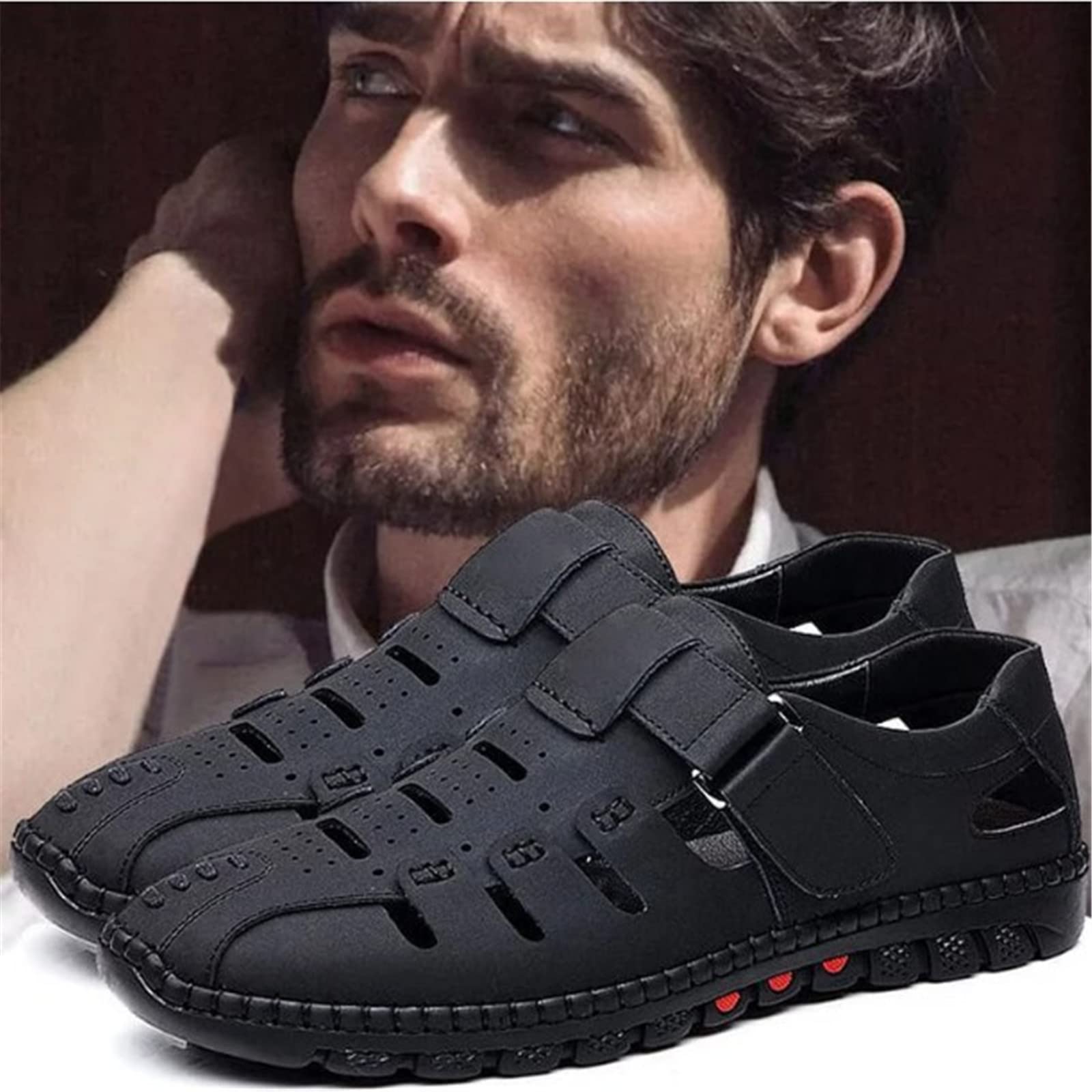 Sandalias Huecas de Cuero Elegantes, Zapatillas para Hombre, Chanclas, Sandalias de Playa de Cuero con Punta Cerrada para Hombre