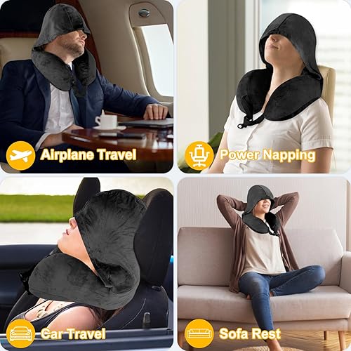 Miniatura 6 de Almohada de cuello de viaje con capucha  Almohada con capucha de avión imprescindible para adultos, espuma viscoelástica de alta calidad, apta para