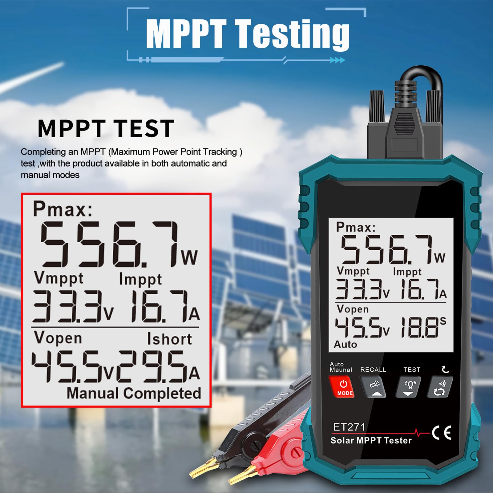 Tester solare da 1600 W, tester digitale portatile MPPT con modalità auto/manuale, tensione a vuoto, punto di potenza massimo (potenza/tensione/corrente), batteria da 1250 mAh