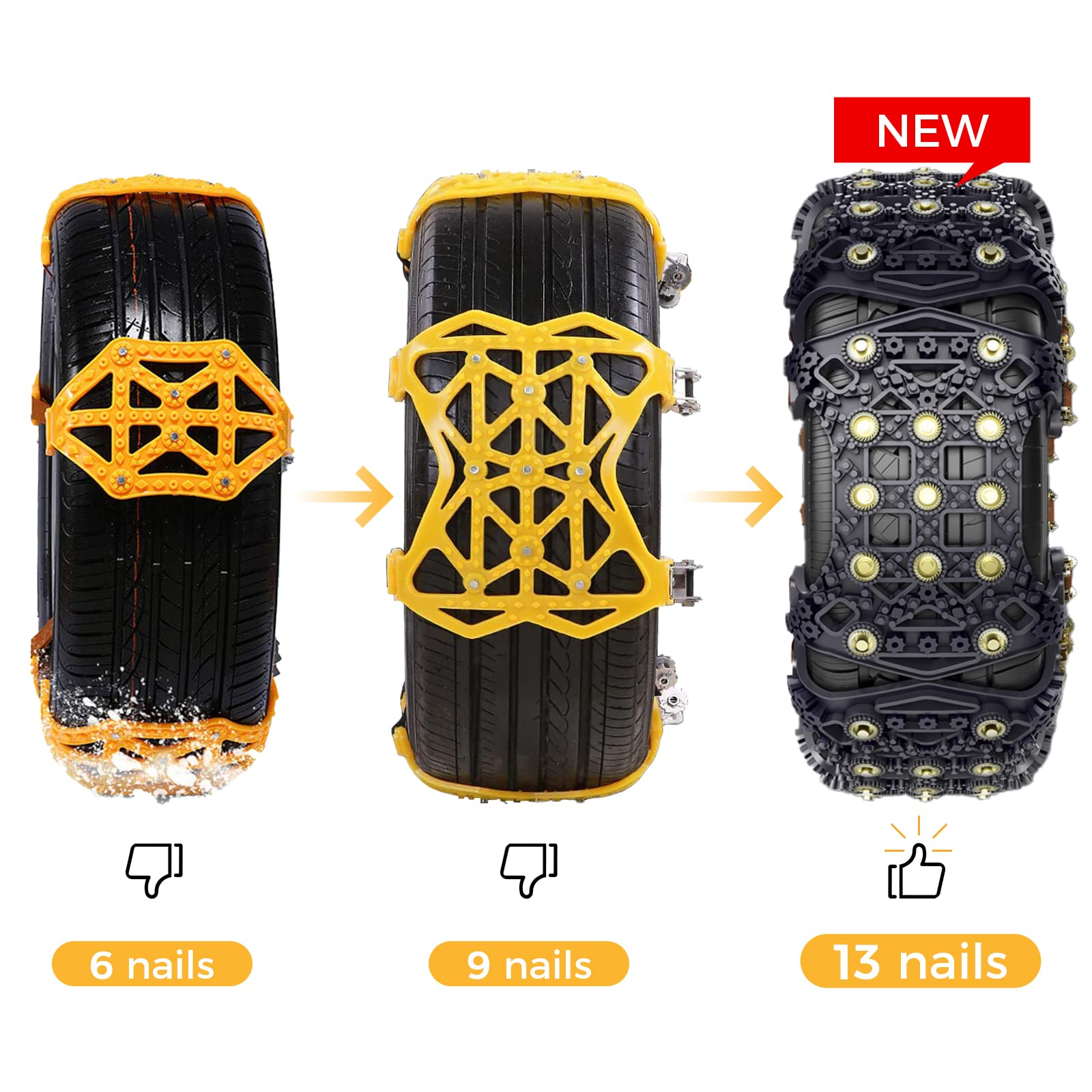 WYRIAZA Schneeketten Universal 165-265MM, Schneeketten 6 Stück, Schneeketten Schnellmontage Auto Breite Reifen, Schneeketten 205 55 R16, Upgrade-Spikes – Schwarz