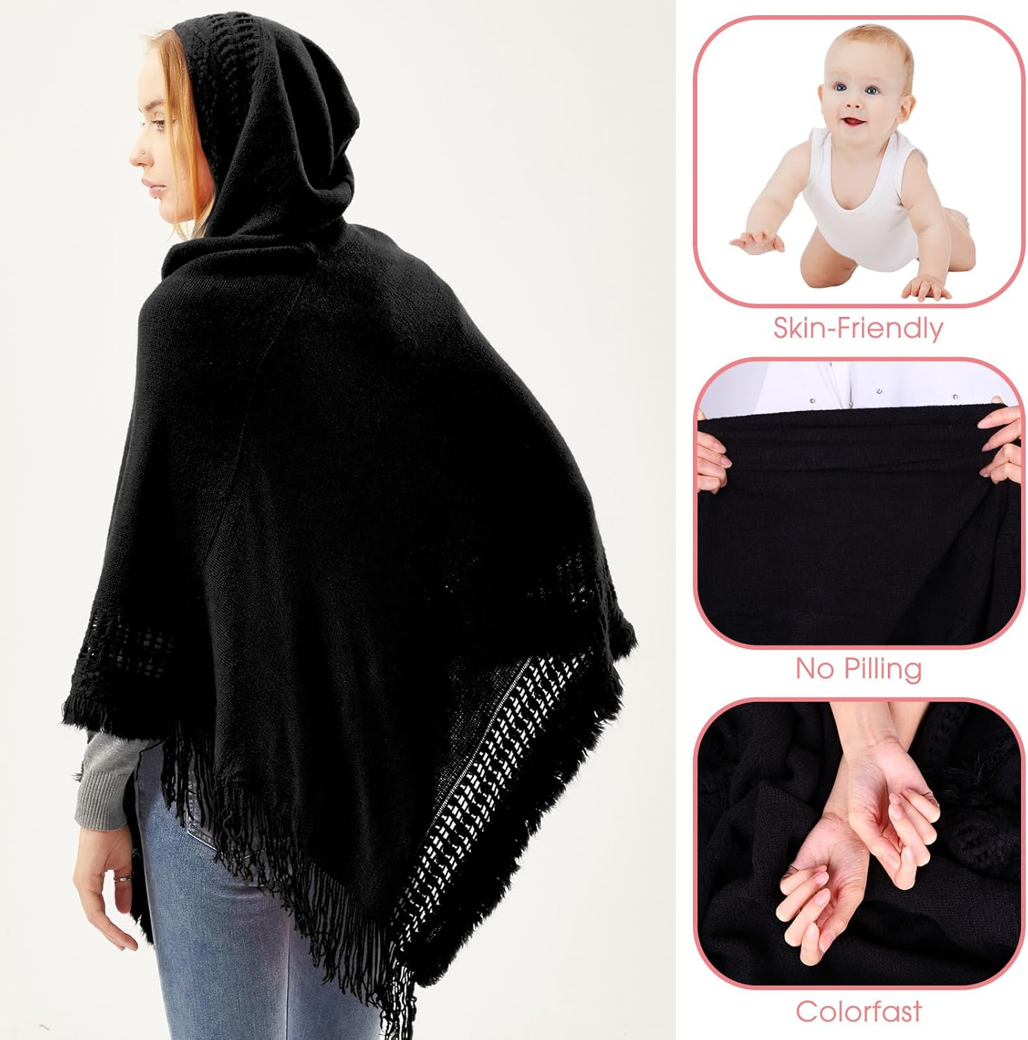 Liitrsh Shawl Poncho Sweaters for Women Knitted Hooded Cape with Fringed Hem Crochet Poncho Pullover Sweaters - Image 4