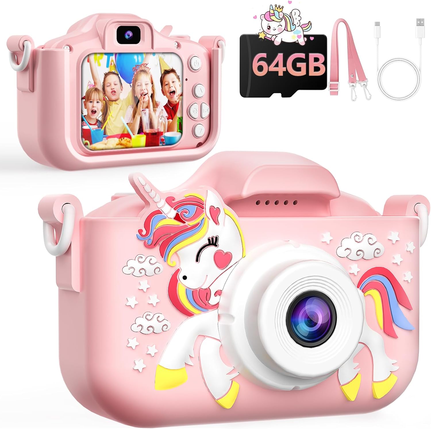 Kids Camera, Digital Camera for Girls with 64G SD Card, 48 MP HD 1080P IPS Screen Dual Selfie Digital Toddler Video Camera Toy for Kids, Great Christmas Birthday Gift for Boys and Girls (Pink)