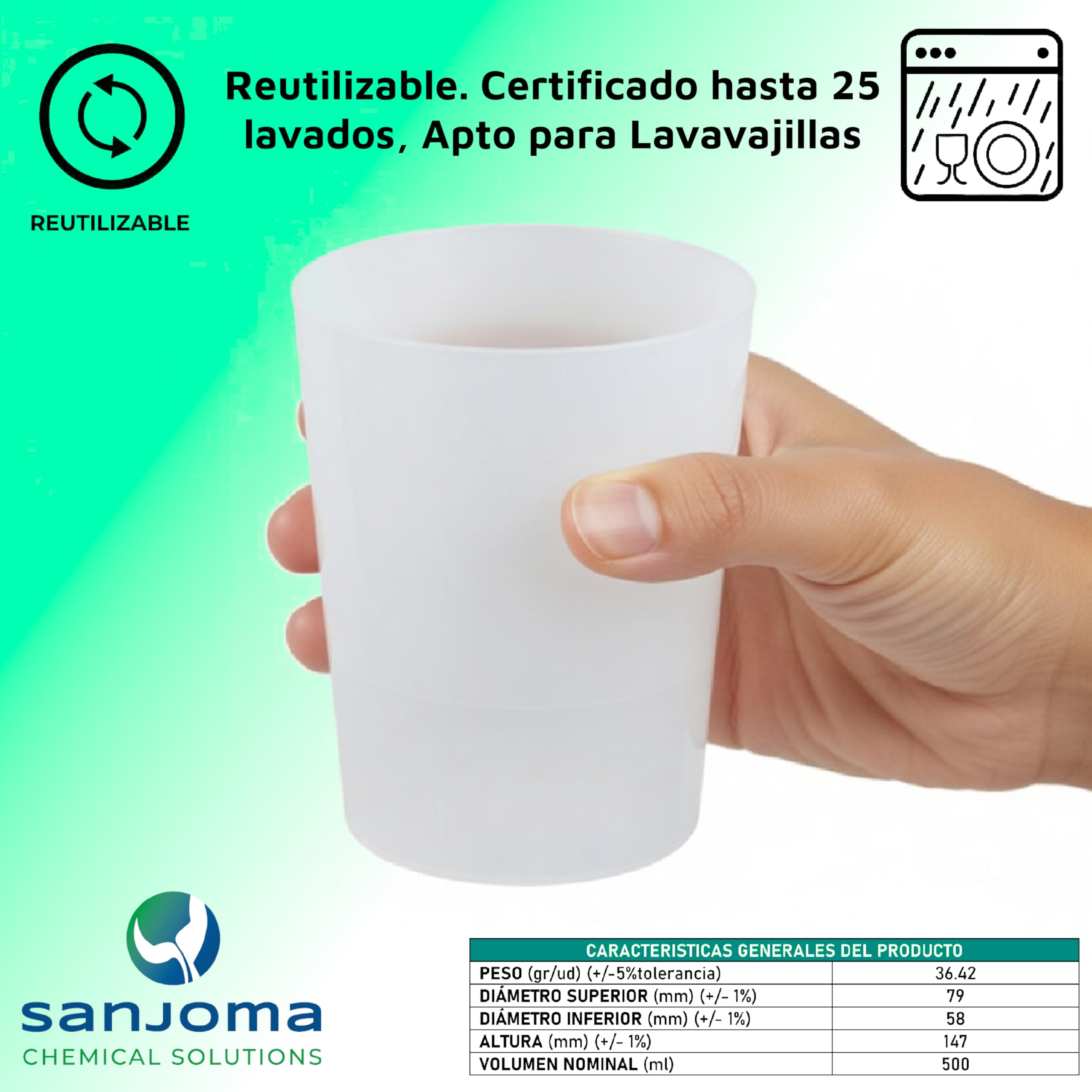 Sanjoma Pack 160 Vasos Reutilizables 500 ml PP Event Line – Translúcido, Apto Lavavajillas 25 Lavados, Desechable, Sin BPA, Para Eventos y Hostelería