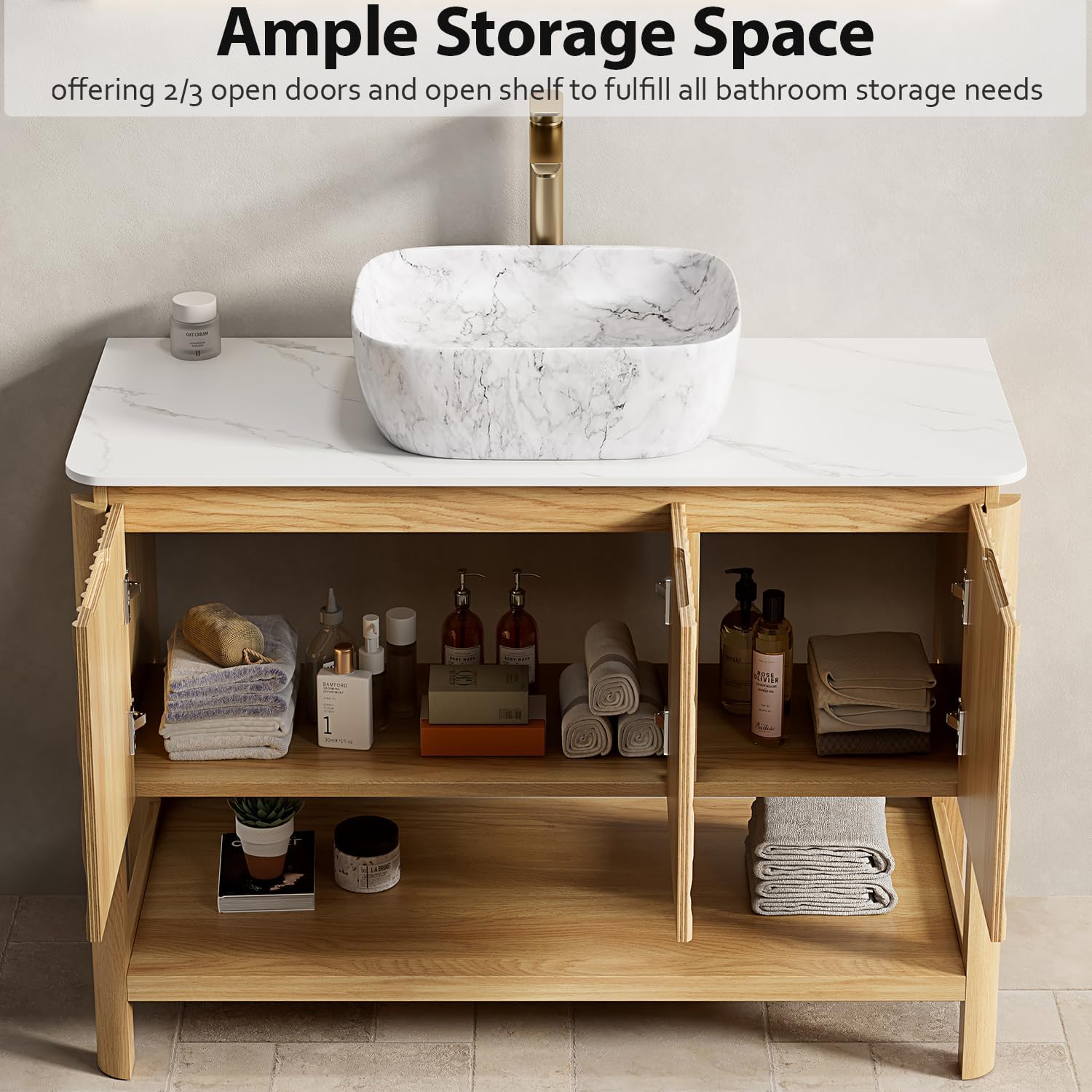 Ambrovina 30" Bathroom Vanity with Sink Combo, Modern Freestanding Bathroom Storage Cabinet with 2 Doors, Rectangular White Ceramic Basin, Carrara White Sintered Stone Top, Woodgrain Color