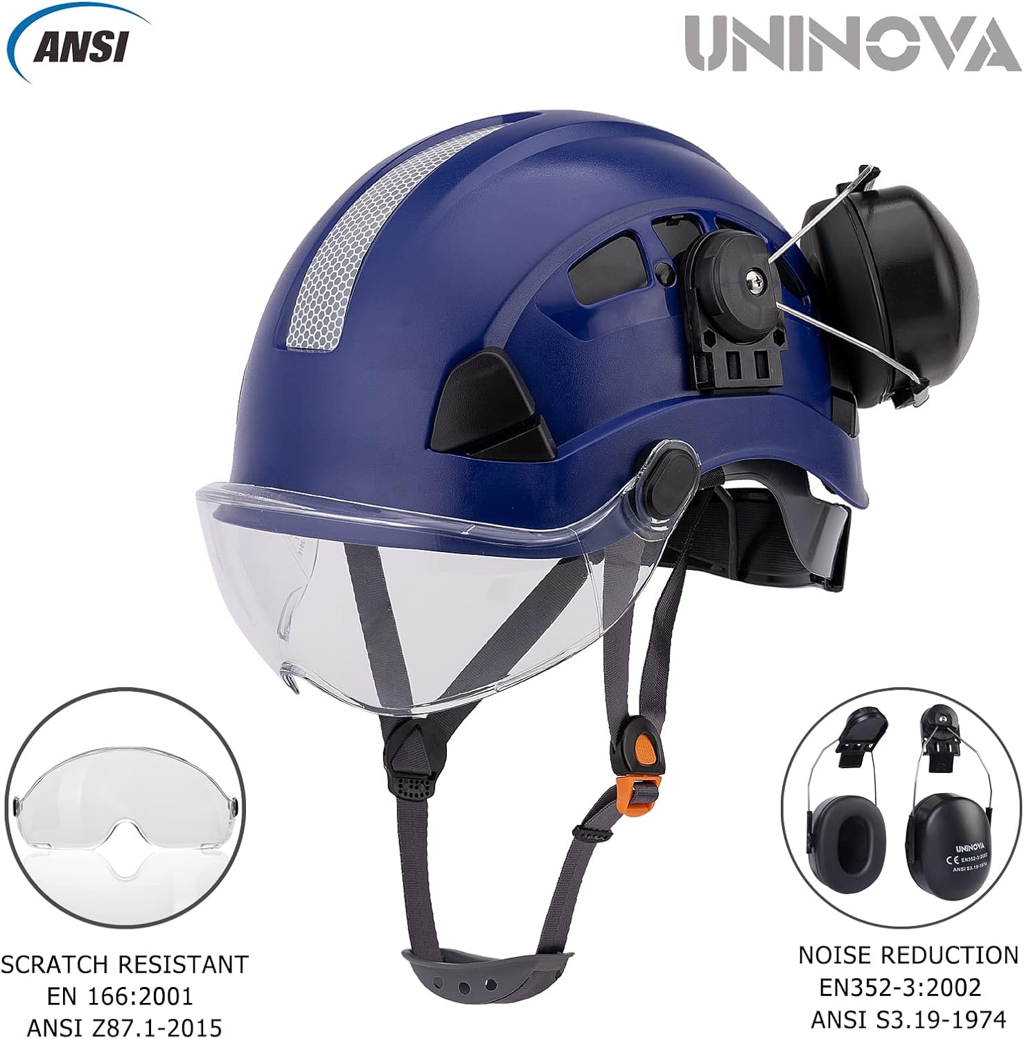 UNINOVA Hard Hat Ear Protection and Visor ANSI Z89.1 Vented ABS Forestry Arborist Tree Climbing Construction Helmet Ear Protection
