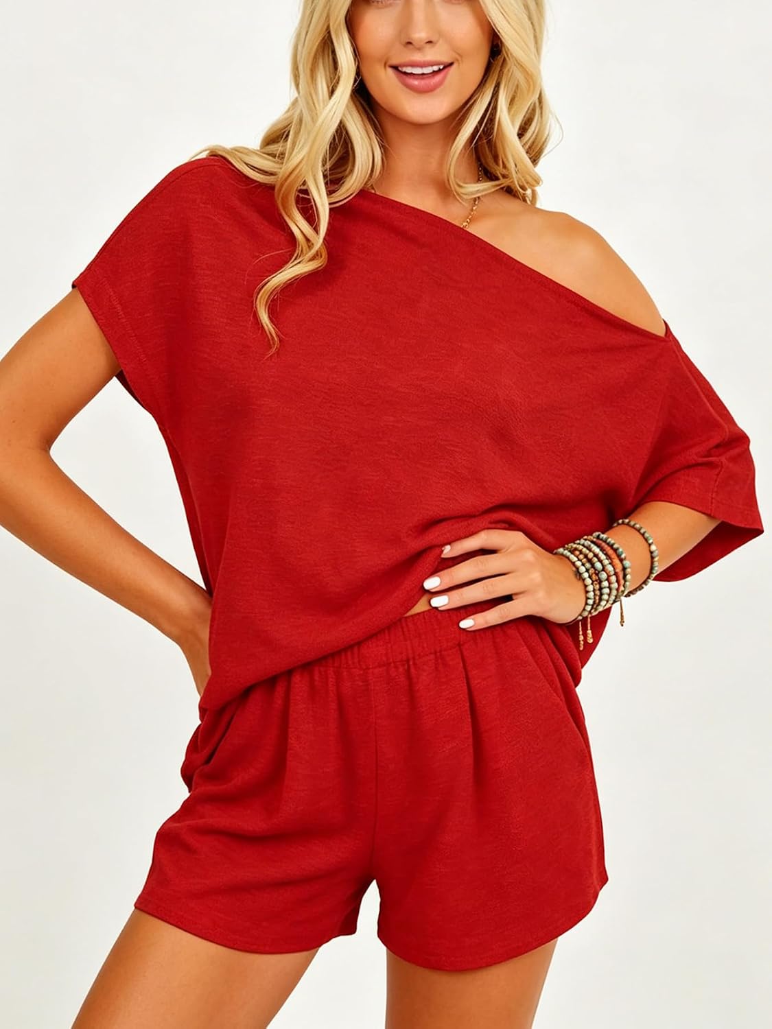 Dressmine 2 Piece Short Sets for Women Sexy Lounge Pjs Cute Batwing Off Shoulder Top Shorts Pajamas Summer Outfits