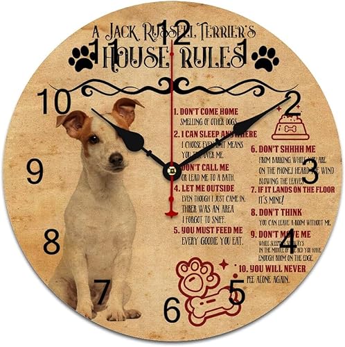 A Jack Russell Terrier's House Rules - Reloj de pared lindo Jack Russell Terrier para perro, 12 pulgadas, silencioso, sin tictac, funciona con