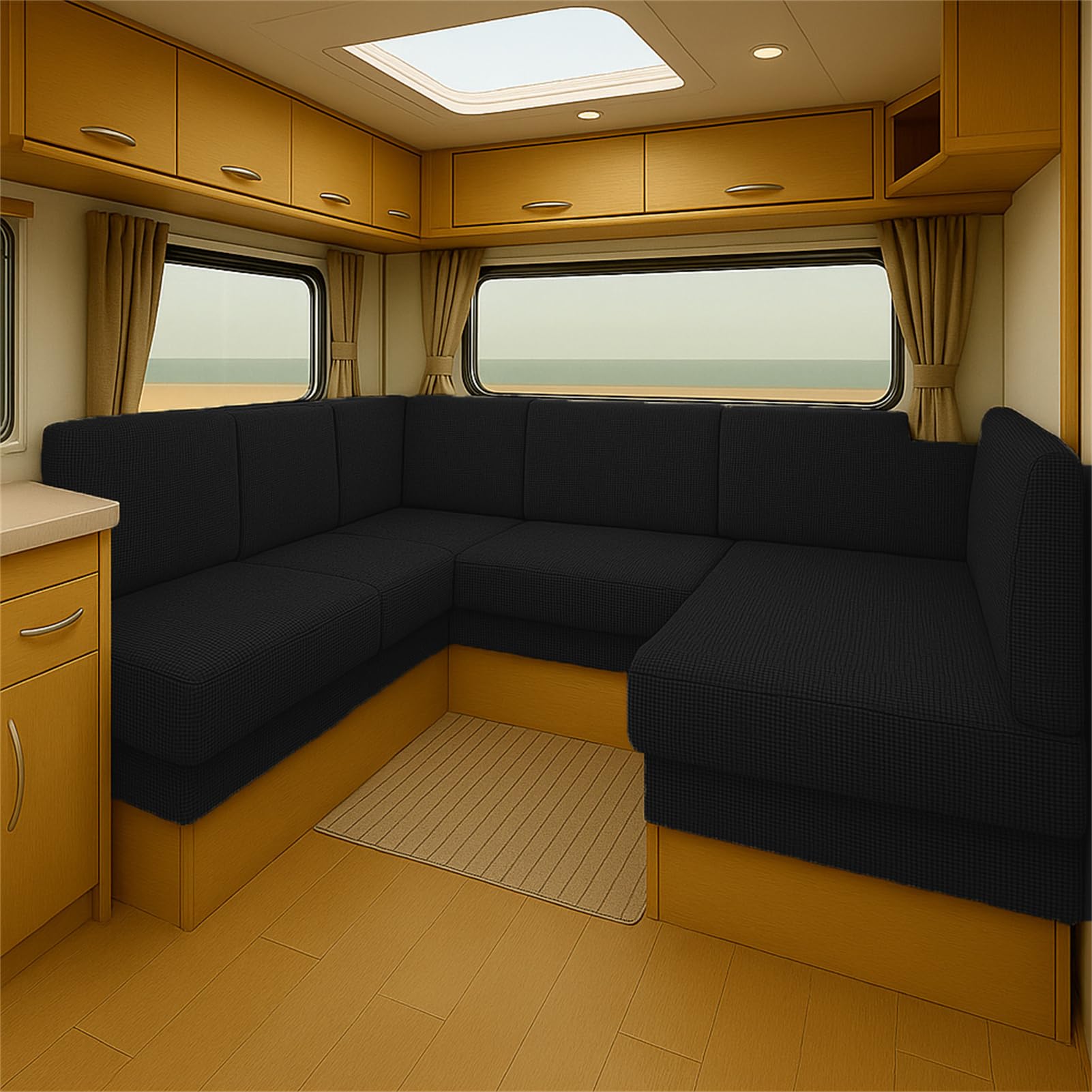 CDPTD Elastic Caravan Seat Cushion Cover for RV Bench Camper Sofa Jacquard Slipcover with Straps Washable Non-Slip Pads Dinette Pads Protector Campervan Chair Seating (Black,W65-85 * L 65-85cm)