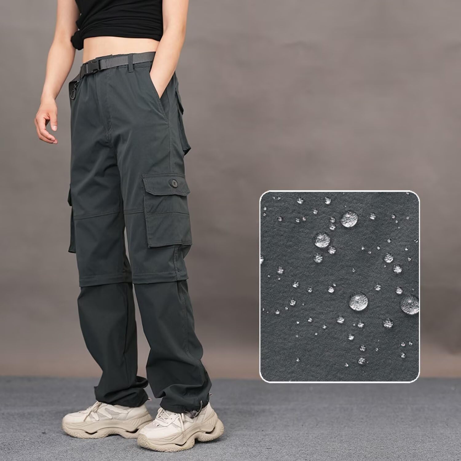 Pantaloni da trekking da donna, con zip off, ad asciugatura rapida, da trekking, con gambe rimovibili, traspiranti, pantaloni cargo estivi, pantaloni funzionali con cintura, 6 tasche