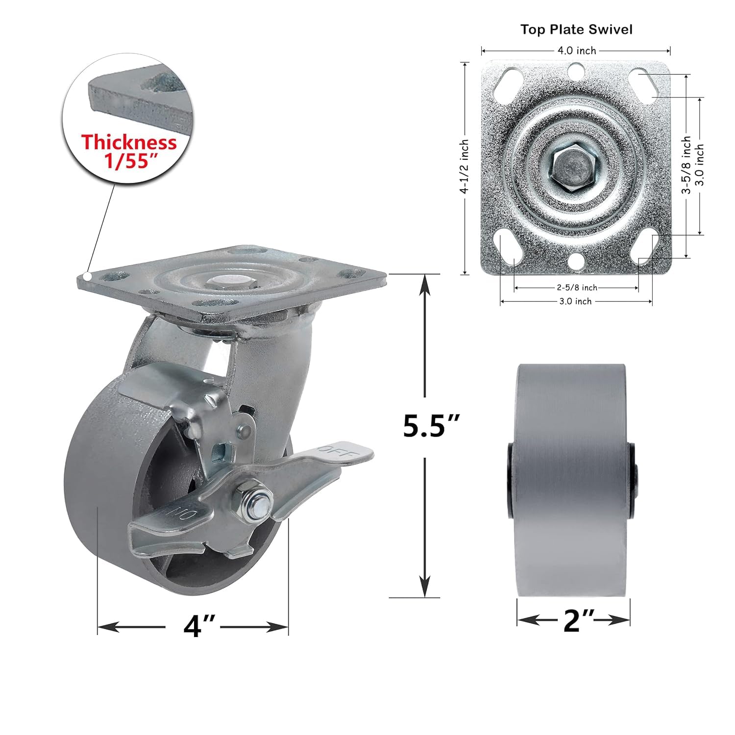 SY America 4" 4 Pack Plate Caster, Heavy Duty Steel Cast Iron Wheel w/Top Plate Caster Extra Width 2 inches 2800 lbs Total Capacity (4 inches Pack of 4, Silver 2 Swivel w/Brakes & 2 Rigid)