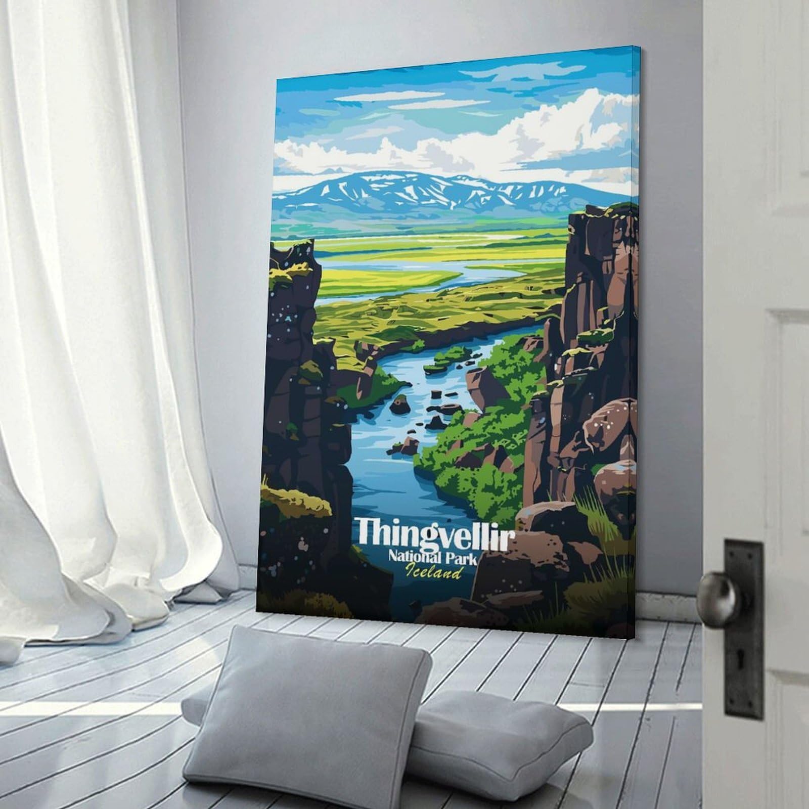 Junmoney Frame-Style Wall Picture Print Thingvellir National Park Iceland Illustration, 12X18inch(30X45cm), For Living Room, Bedroom Or Apartment Walls, A Home Accent With Warm Character