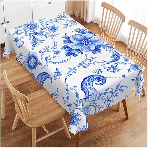 Swono Mantel decorativo de cachemira azul floral étnico con mandala batik azul, para cocina, banquete de fiesta y día festivo, 52 x 70 pulgadas (4-6