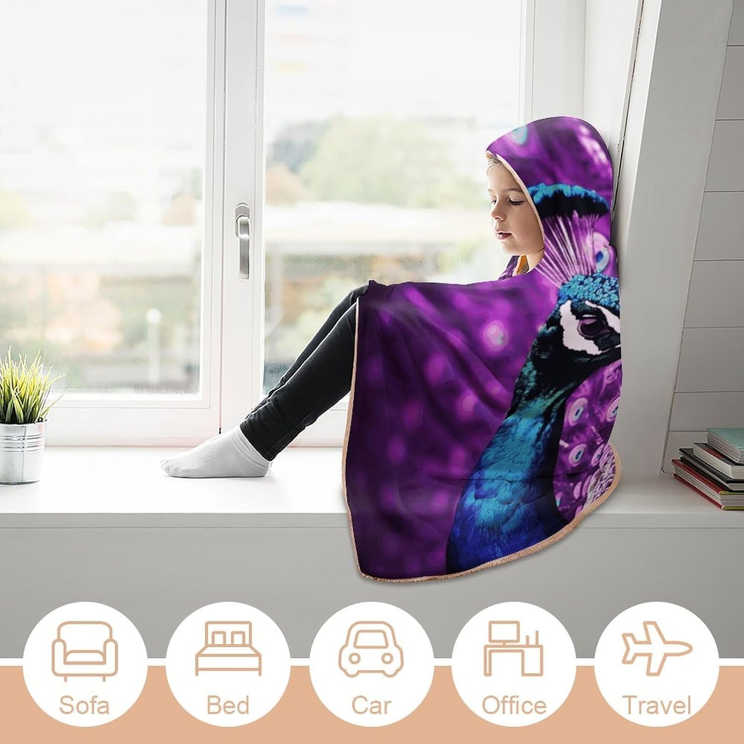 Purple Peacock Wearable Fleece Blanket with Hood for Men & Women Oversized Hoodie Blanket Soft Cozy Gift-