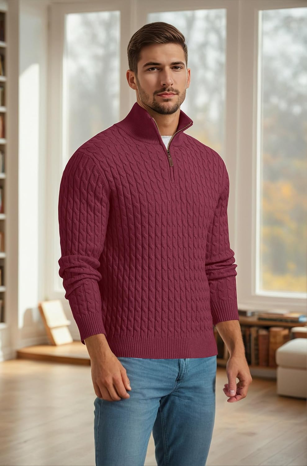 Askdeer Men's Cable Knit Sweater Quarter Zip Sweater Mock Neck Polo Sweater Casual Pullover Sweater with Ribbing Edge - Image 3