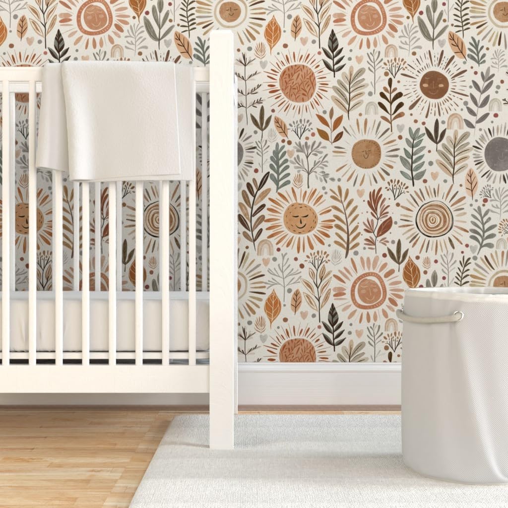 Removable Wallpaper 6ft x 2ft - Boho Winter Sun Neutral Floral Earth Tones Botanical Bohemian Witchy Whimsical Cute Custom Pre-Pasted Wallpaper by Spoonflower