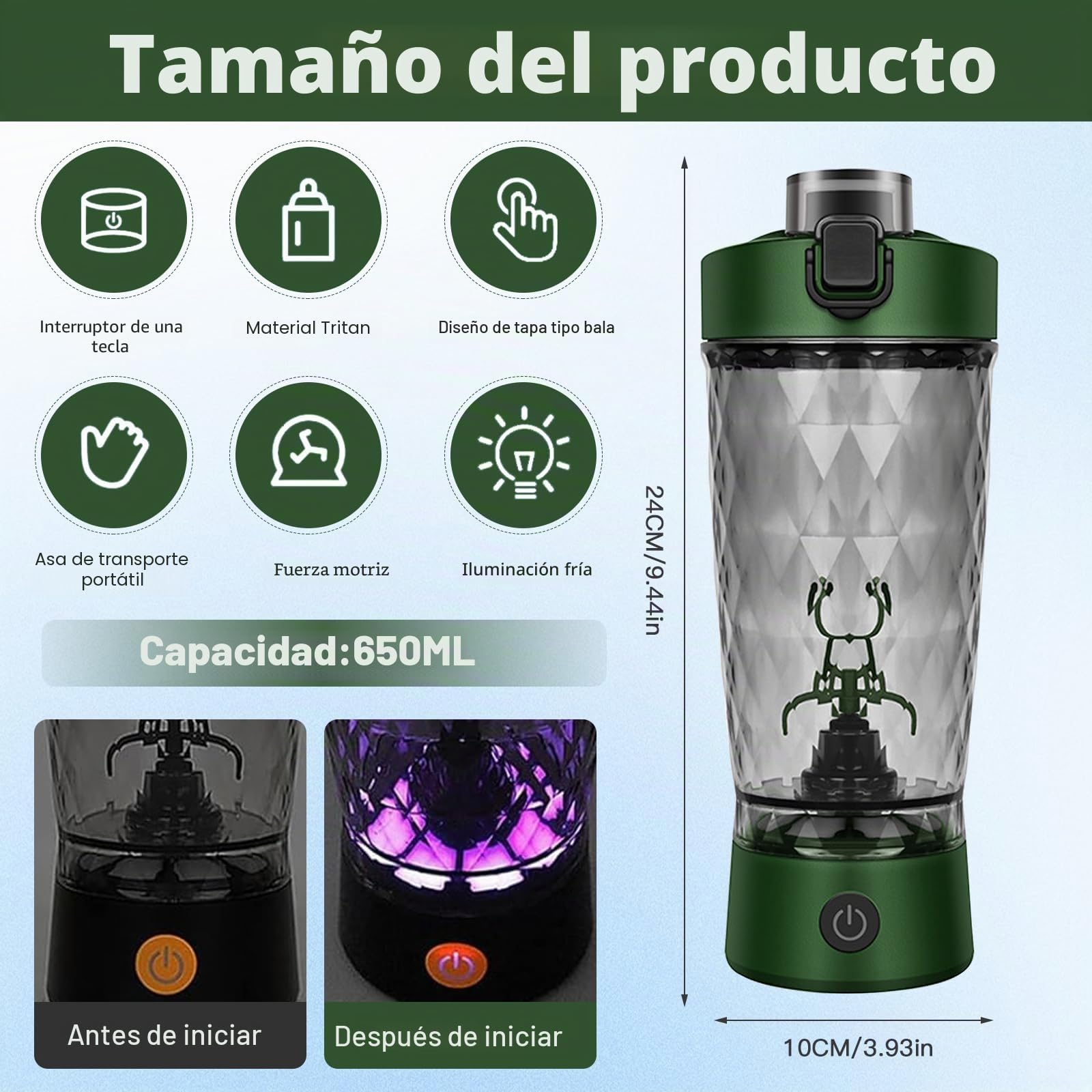 MeYuxg Coctelera eléctrica de proteínas, 650 ml, inalámbrico, con función de mezcla, vaso mezclador automático con depósito de polvo y cepillo de limpieza, para deportes, fitness y viajes verde