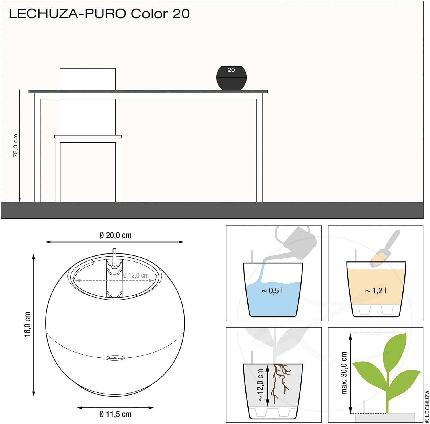 Lechuza Puro Color 20 Slate, Self-Watering Small Indoor Planter, D7.9 H6.3 in