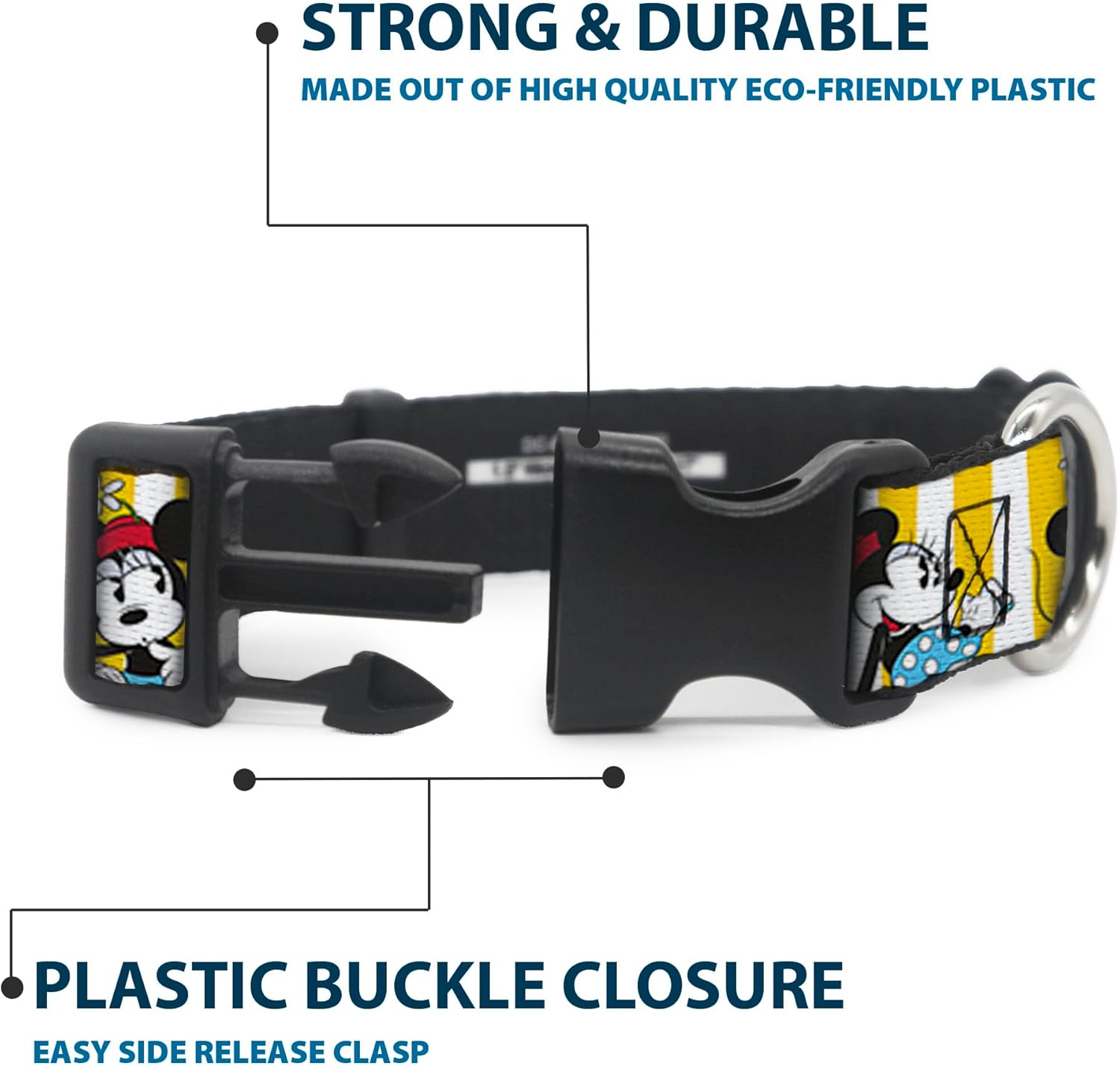 Buckle-Down Minnie Mouse with Hat Poses Stripe Yellow/White Plastic Clip Collar, Multicolor, PC-WDY060-WL, 1.5" Wide - Fits 18-32" Neck - Large