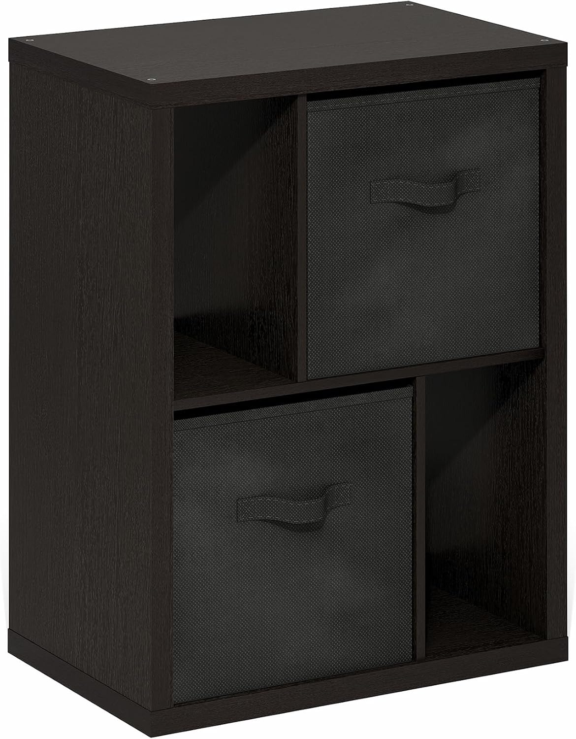 Furinno Viola Storage Shelf, 4-Tier Storage Rack with Bins, Book Shelf, Bookshelf, Display Rack with Drawer Bins, Extra Thick Frame, for Organization, Living Room, Home Office, Black Dark Oak