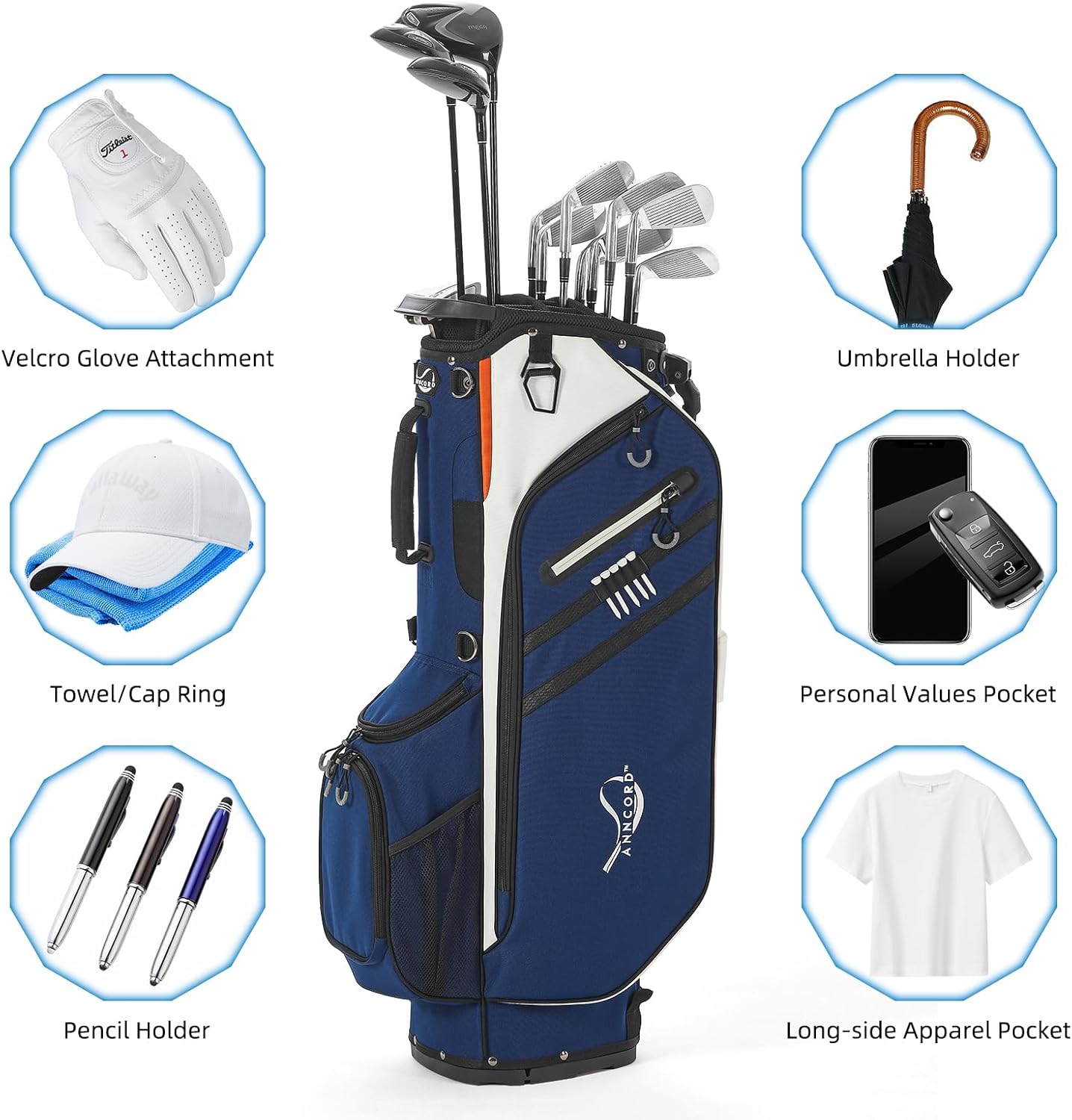 ANNCORD Golf Stand Bag 14 Way Top Dividers Full-Length with Stand, 7 Pockets, Lightweight Golf Bag for Men, Dual Strap, Rain Hood, Portable Golf Club Bag for Men Women