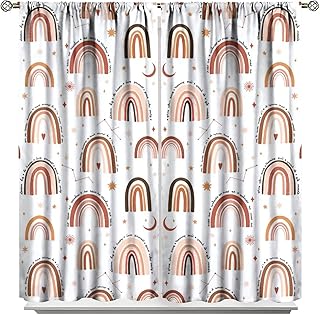 Boho Rainbow Window Curtains for Kids,Mid Century Modern Cute Bohemian Sun Moon Golden Stars Colorful Arch Print,Abstract Starry Sky Blackout Drapes for Girls Boys Room Classroom Nursery 42x45 Inch