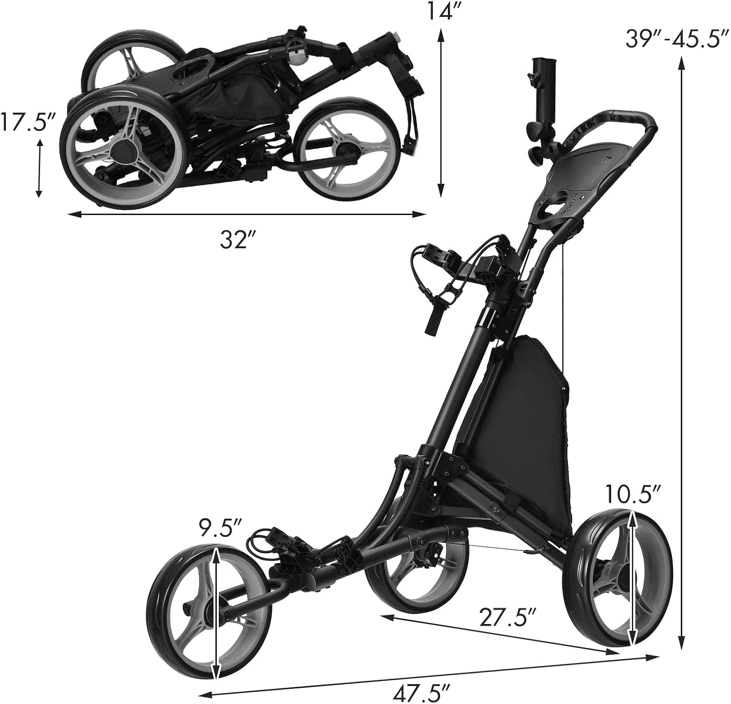 DORTALA 3 Wheel Golf Push Cart, Quick Folding Golf Walking Push Cart, Golf Bag Holder w/Tin Foil Coated Storage Bag, Elastic Strap, Golf Cart for Golf Clubs