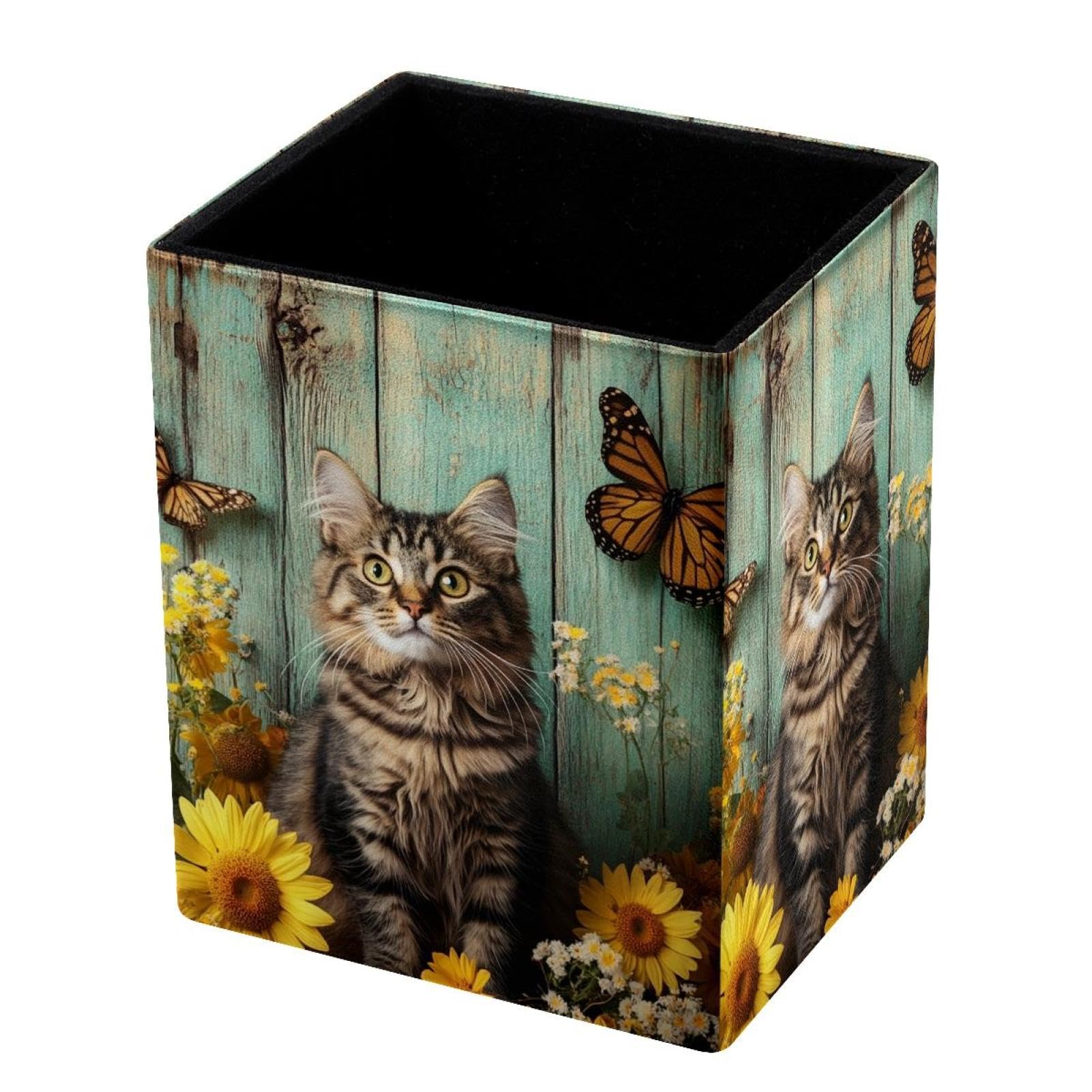 FWJZDSP Desk Pen Holder, Rustic Cat Sunflower Butterflies Pencil Organizers, Pencil Holder Pencil Case Cup Pencil Bag for Desk Office Pen Case for School